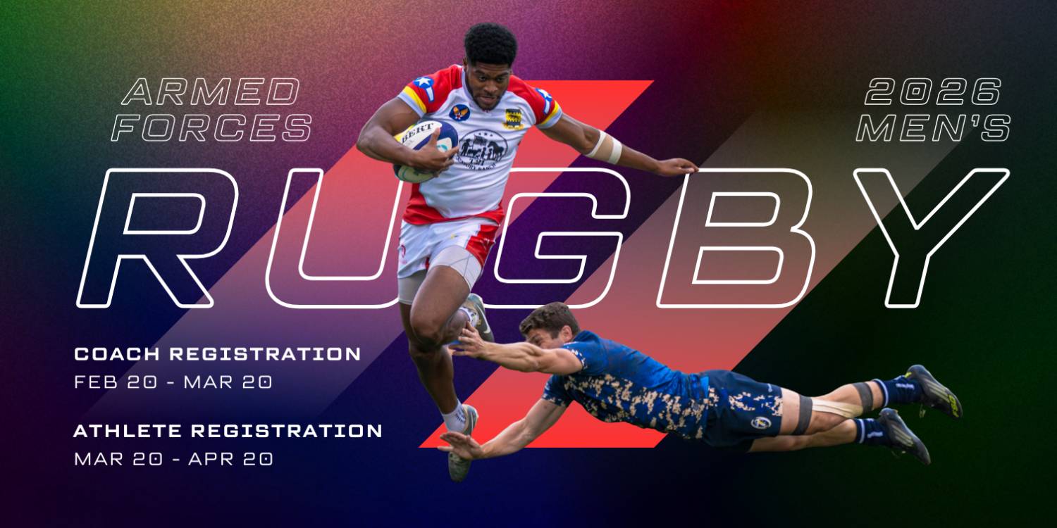 2026 Armed Forces Mens Rugby AFSVC Flag Football Registration 2026 banner. Announces open applications for coaches and athletes with key registration dates and a call to register.