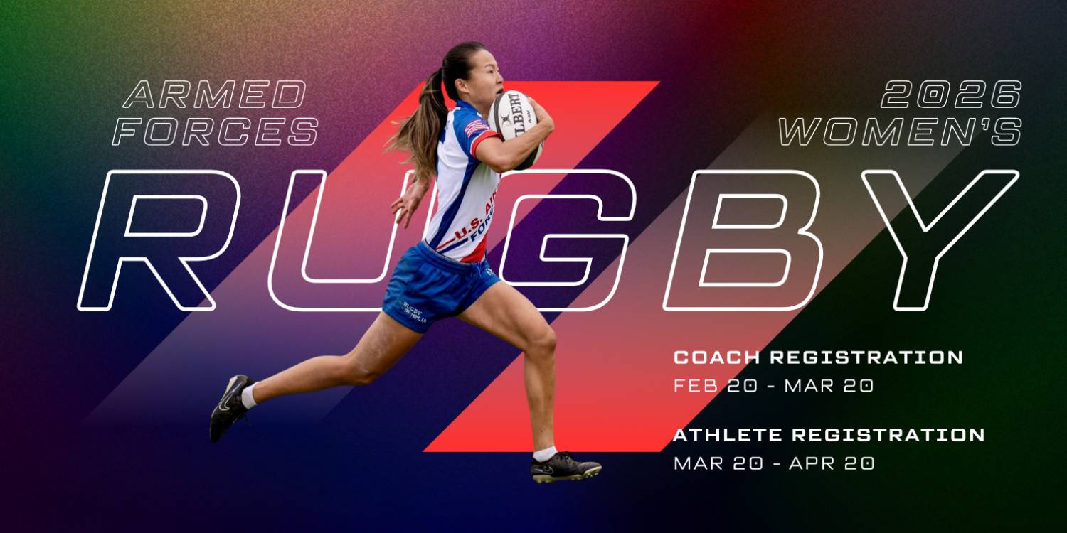 2026 Armed Forces Womens Rugby AFSVC Flag Football Registration 2026 banner. Announces open applications for coaches and athletes with key registration dates and a call to register.