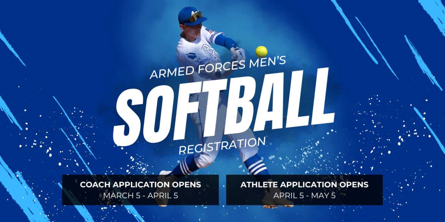 Softball Mens AFSVC Flag Football Registration 2026 banner. Announces open applications for coaches and athletes with key registration dates and a call to register.