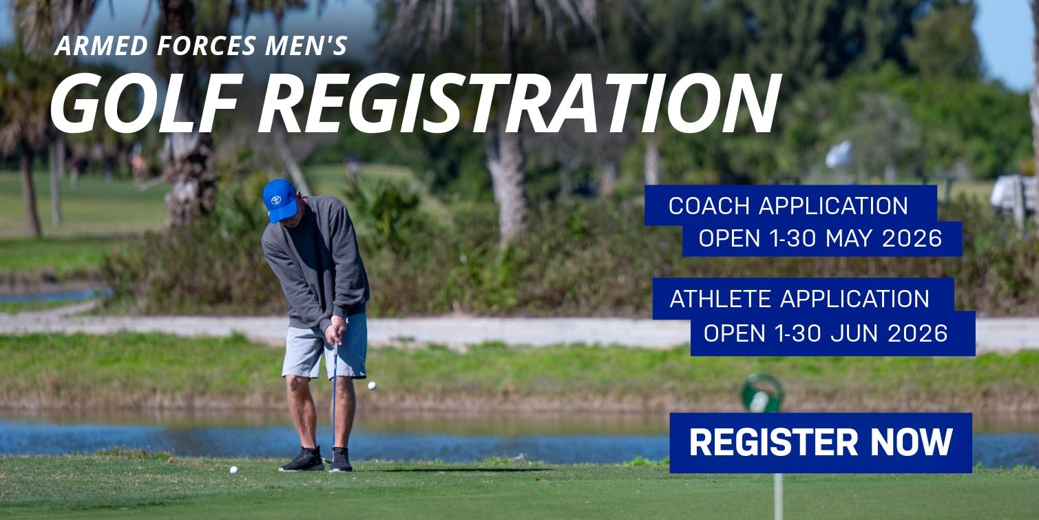 Promotional image for Armed Forces Men’s Golf Registration featuring a golfer preparing to putt on a course with palm trees and a water hazard. Text states coach applications open May 1–30, 2026, athlete applications open June 1–30, 2026, with a prompt to register.