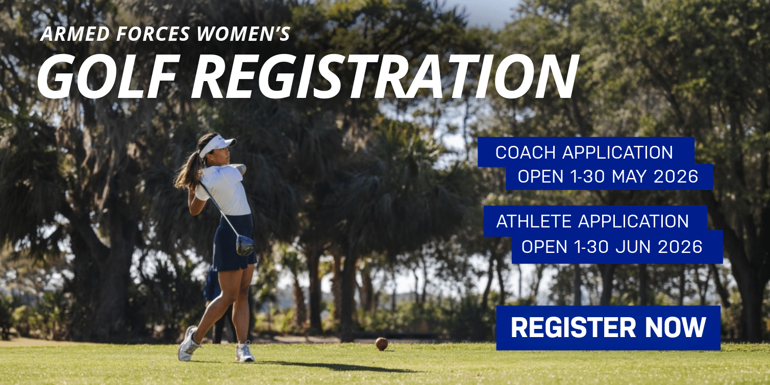 Promotional image for Armed Forces Women’s Golf Registration showing a golfer swinging on a tree‑lined course under clear skies. Text announces coach applications open May 1–30, 2026, athlete applications open June 1–30, 2026, with a call to register.
