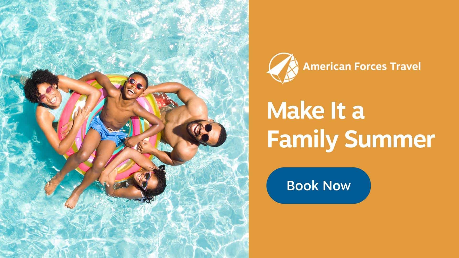 Promotional graphic for American Forces Travel showing a small sandy beach cove with turquoise water, rocky cliffs, and two people lying on the sand. Text on the graphic reads “American Forces Travel. Time to recharge this spring. Book Now.”